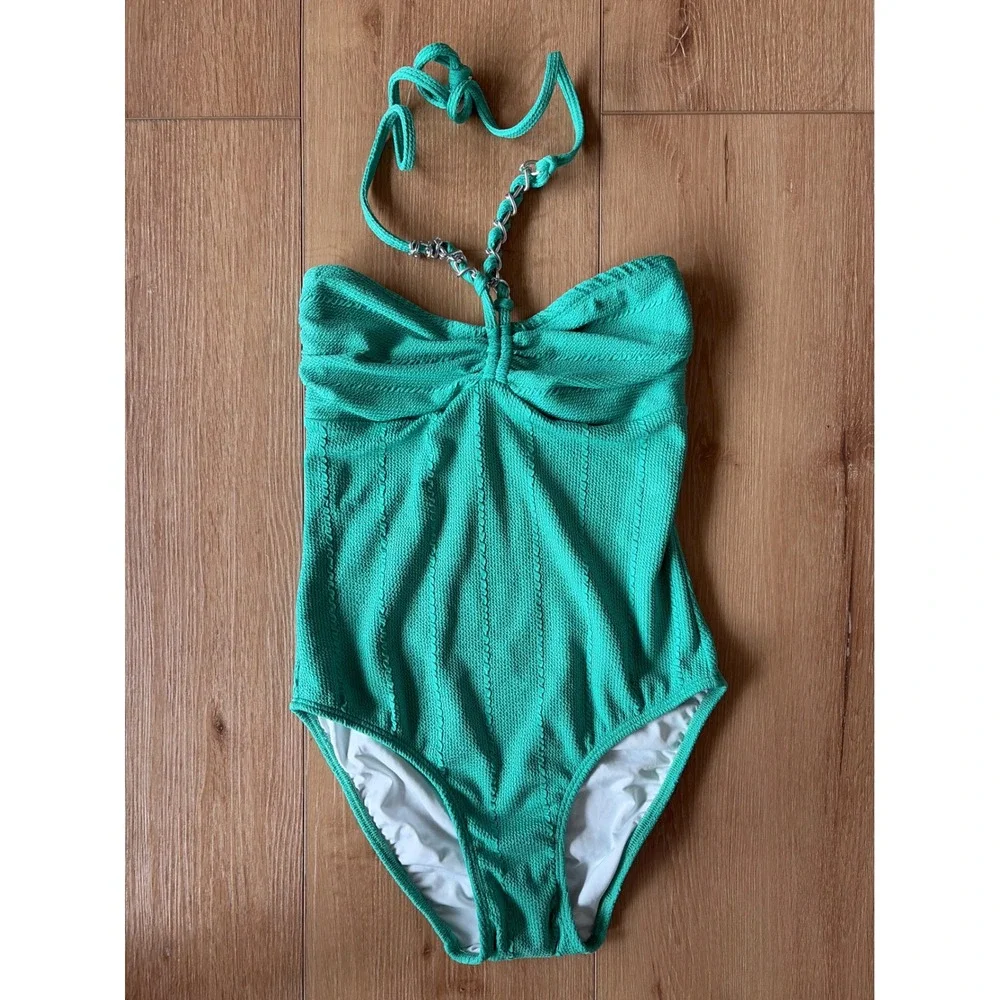 Shoshanna Swimwear Teal‎ Green Textured Chain Halter One Piece Swimsuit size 4